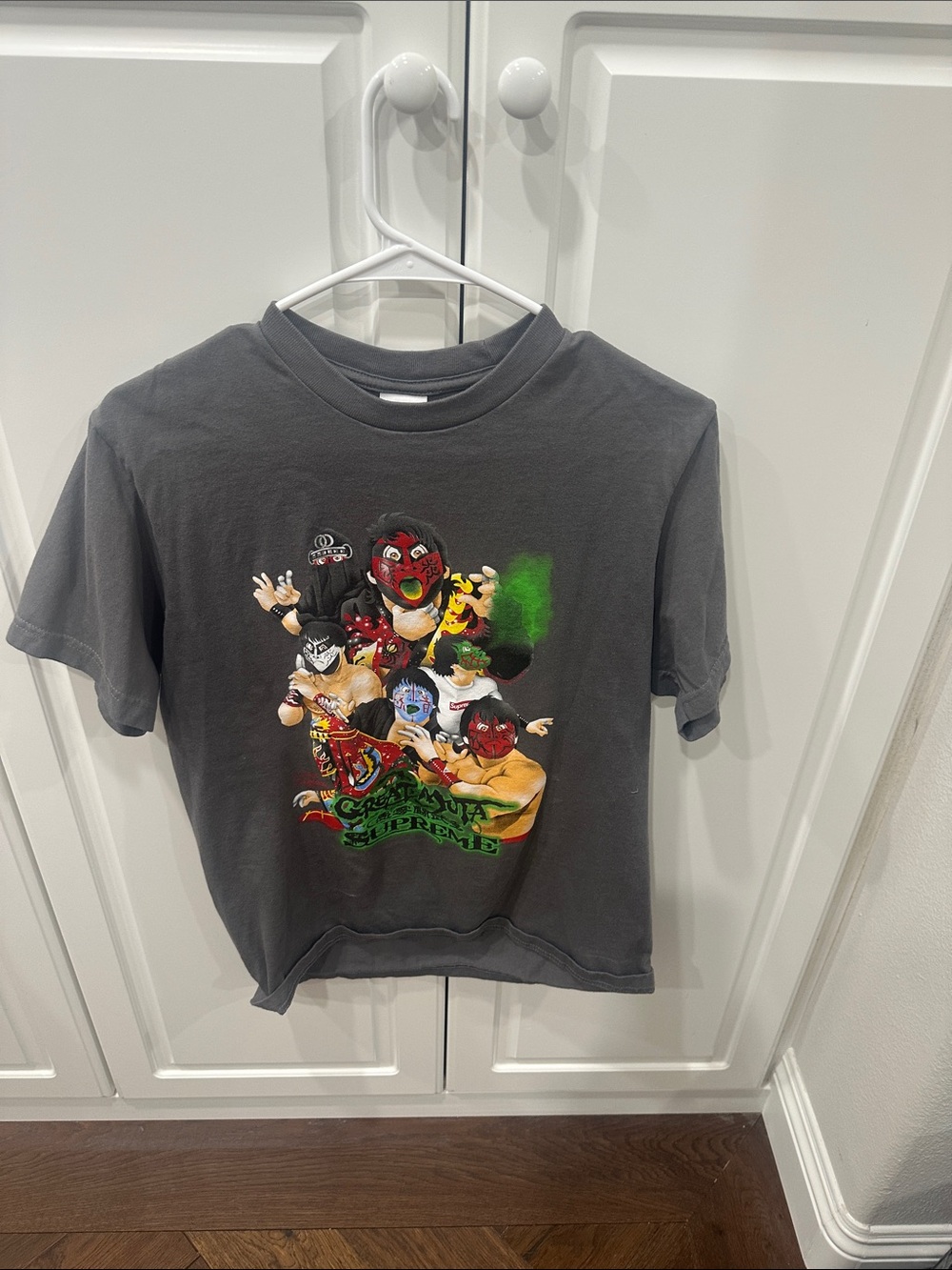 Supreme Charcoal Kids Tee with Colorful Wrestler Graphic